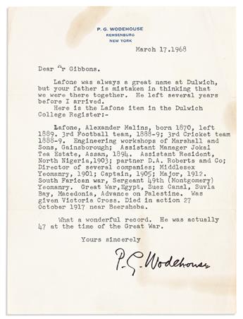 WODEHOUSE, P.G. Small archive of 8 items, each Signed, or Signed and Inscribed, to Ray Gibbons: Two Autograph Letters * Three Typed Let